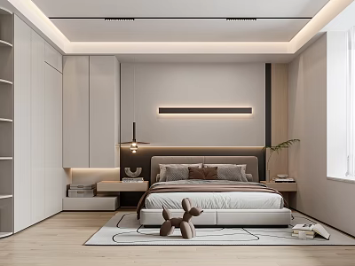 Modern Bedroom Interior Design With White Wardrobes Bedside Lamp And Area Rug 3d model