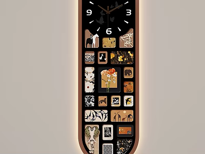 Vertical Wall Decor With Clock And Multiple Small Art Frames In Wooden Border Design 3d model