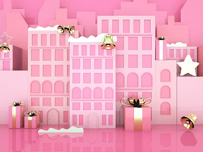Pink Festive Building Scene With Golden Bells Gift Boxes And Star Decorations 3d model