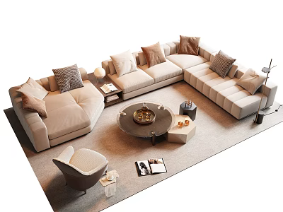 Modern Beige L shaped Sofa Coffee Table Set With Cushions Side Table And Cozy Rug 3d model