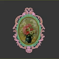 Golden Carved Oval Frame Decorative Painting With Blue Vase And Pink White Flowers