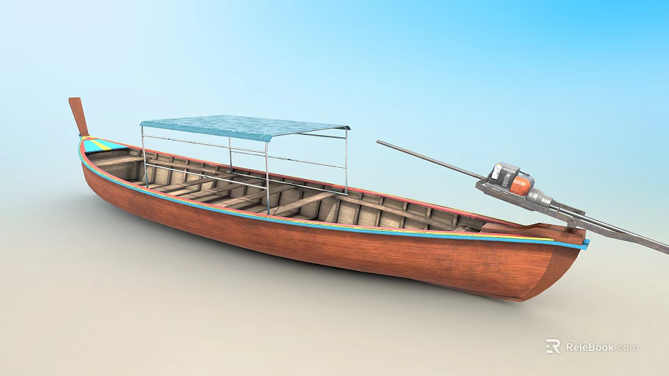 Traditional Wooden Boat With Blue Canopy And Outboard Motor For Water Travel 3d model 