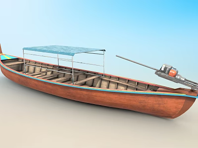 Traditional Wooden Boat With Blue Canopy And Outboard Motor For Water Travel 3d model