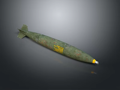 Green Military Bomb With Tail Fins And Yellow Markings On Gray Background 3d model