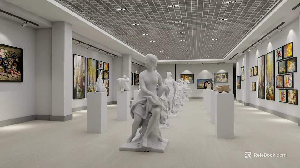 Spacious Cultural Center Exhibition Hall With White Sculptures And Wall Paintings 3d model 