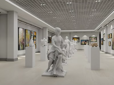 Spacious Cultural Center Exhibition Hall With White Sculptures And Wall Paintings 3d model