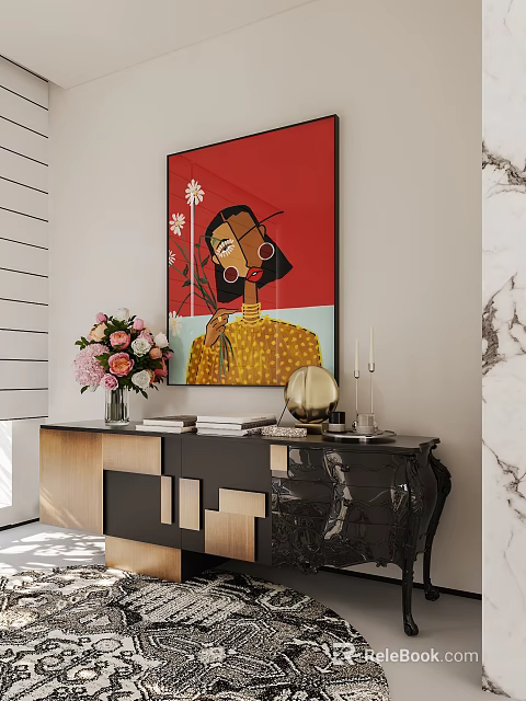 Entryway Console Table with Flowers Books Gold Decor Red Artwork and Marble Wall Elements 3d model