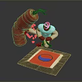 Game Movie Character in White Outfit Red Hat with Red Bomb and Blue Effects
