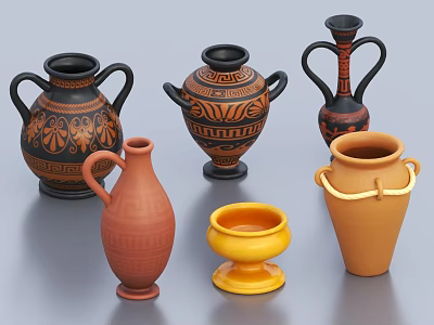 Traditional Ceramic Vessels with Diverse Shapes and Ornate Patterns in Terracotta Black and Yellow 3d model