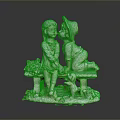 Adorable Garden Statue With Two Kids Sitting On Bench And Little Puppy