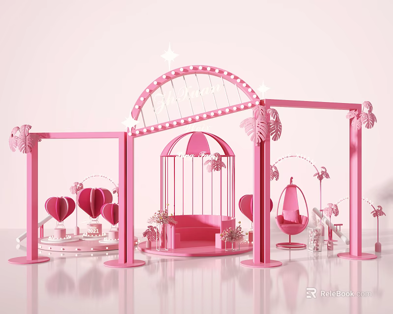 Pink Themed Decorative Display With Arched Structure Birdcage And Heart Balloons 3d model