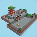 Cartoon Chinese Tower Scene With Green Roofs Red Decorations Stone Pavilions And Steps