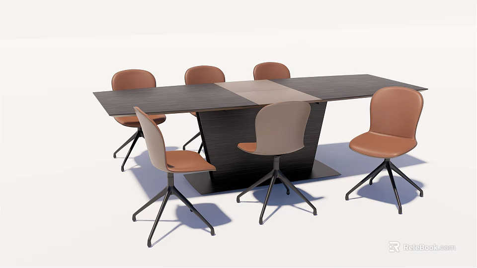 Rectangular Modern Conference Table With Dark Surface Black Legs And Brown Beige Chairs 3d model