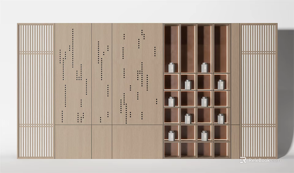 Wooden Decorative Cabinet With Perforated Pattern And Multiple Shelves For Display Items 3d model