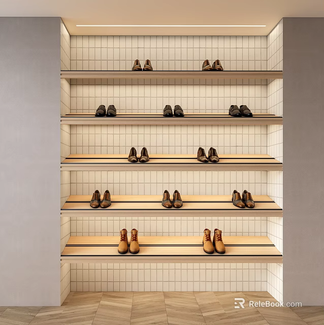 Display Shelf With Multiple Layers White Grid Background Wooden Shelves And Neatly Arranged Leather Shoes 3d model 