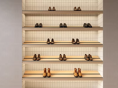 Display Shelf With Multiple Layers White Grid Background Wooden Shelves And Neatly Arranged Leather Shoes 3d model