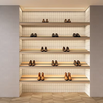 Display Shelf With Multiple Layers White Grid Background Wooden Shelves And Neatly Arranged Leather Shoes 3d model