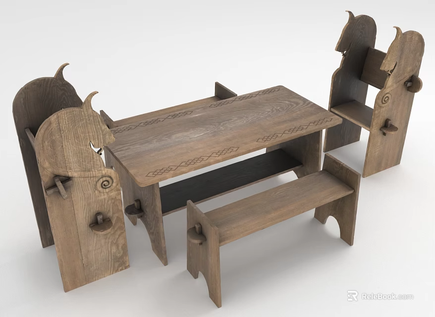 Handcrafted Rustic Wooden Furniture Set With Carved Chairs Table And Bench 3d model 