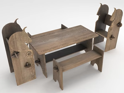 Handcrafted Rustic Wooden Furniture Set With Carved Chairs Table And Bench 3d model