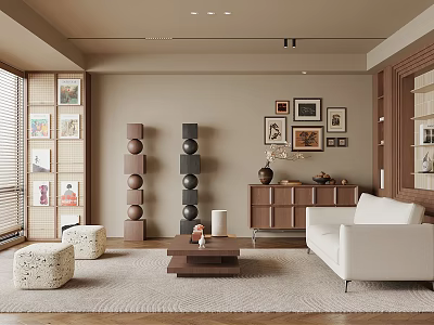 Contemporary Living Room Interior With White Sofa Brown Coffee Table Decorative Paintings And Wooden Cabinet 3d model