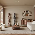 Contemporary Living Room Interior With White Sofa Brown Coffee Table Decorative Paintings And Wooden Cabinet
