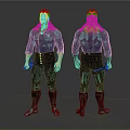 White Haired Warrior Character Front and Back View With Blue Shirt Dark Pants Holding Sword