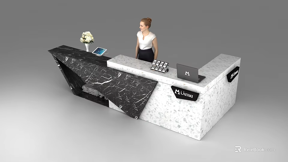 Modern Reception Desk With Black White Marble Top And Vase Tablet Laptop Jasmin Sign 3d model 
