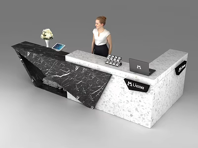 Modern Reception Desk With Black White Marble Top And Vase Tablet Laptop Jasmin Sign 3d model