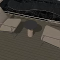 Beige Landscape Seats With Small Round Table On Wooden Deck Green Plants And Wavy Railing