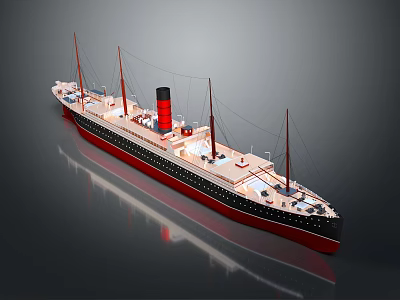 3D Model Of Warship With Red Black Hull Masts And Chimney 3d model