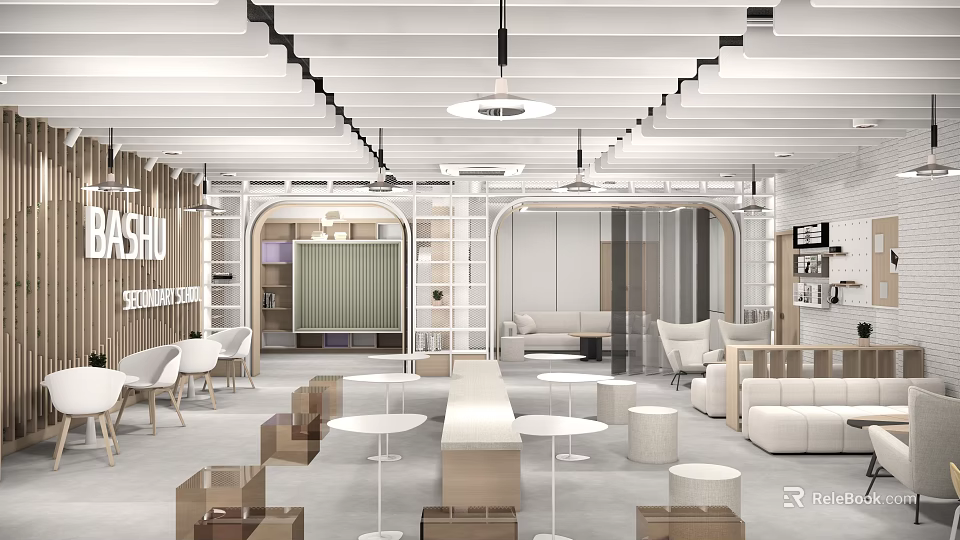 Modern School Open Learning Area Interior With Sofas Round Tables And Bookshelves 3d model 