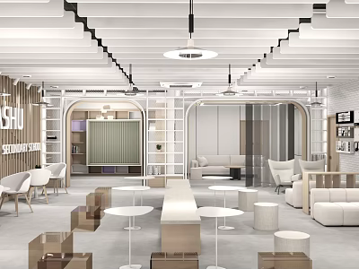 Modern School Open Learning Area Interior With Sofas Round Tables And Bookshelves 3d model