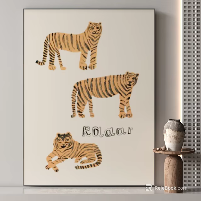 Animal Painting With Three Yellow Black Striped Tigers And ROAR Text On Light Background 3d model 