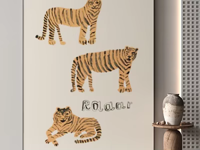 Animal Painting With Three Yellow Black Striped Tigers And ROAR Text On Light Background 3d model