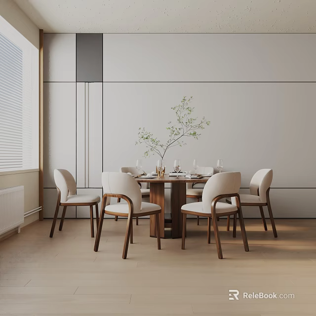 Wooden Dining Table Set with Six Light Colored Chairs and Vase Plant in Bright Room 3d model 