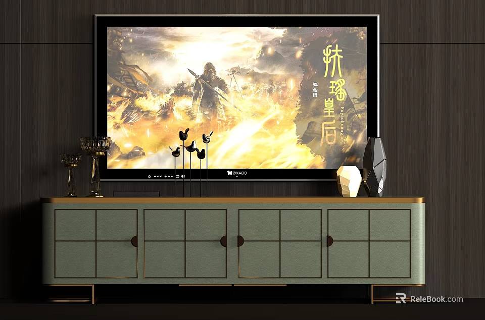 Light Green TV Stand with Drawers Cabinets and Decorative Items for Modern Living Room 3d model 