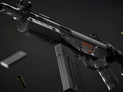 Black Tactical Rifle With Magazine Bullets And Red Logo Design 3d model