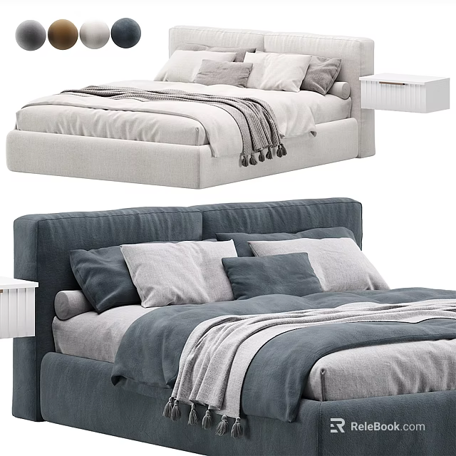 Cozy Double Bed With Light Gray And Dark Blue Headboard Pillows Blanket And Nightstand 3d model 