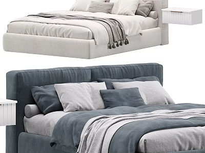 Cozy Double Bed With Light Gray And Dark Blue Headboard Pillows Blanket And Nightstand 3d model