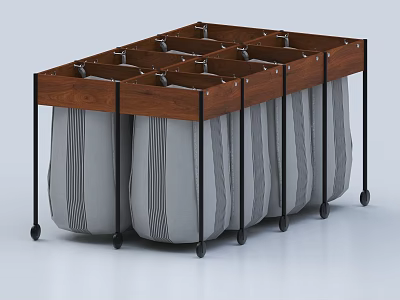 Public Facility Sorting Storage With Wooden Top Metal Frame Multiple Gray Fabric Bags And Wheels 3d model
