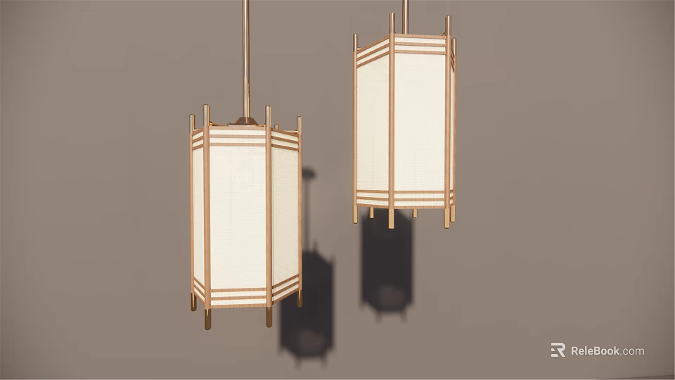 Two Chinese Style Rectangular Chandeliers With White Shades And Wooden Frames Against Gray Background 3d model 