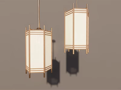 Two Chinese Style Rectangular Chandeliers With White Shades And Wooden Frames Against Gray Background 3d model