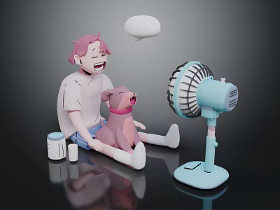 Pink Haired Game Character Sitting With Dog And Fan Nearby Objects 3d model