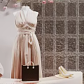 Elegant Beige Dress Fashion Style With Hat Handbag And Floral Glass Brick Wall Decor