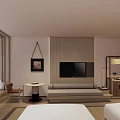 Hotel Guest Room Interior With Double Bed Sofa Seating Flat Screen TV And Wooden Decor