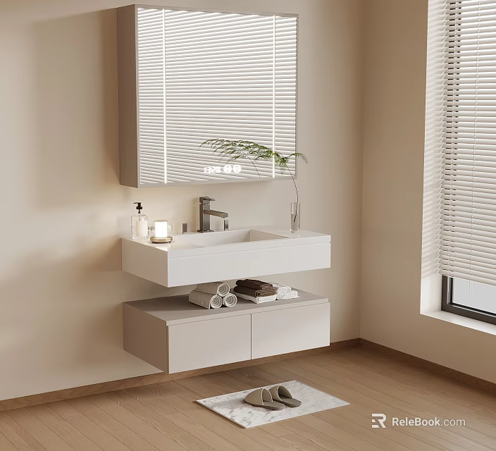 Modern Wall Mounted White Bathroom Vanity With Mirror Blinds And Wooden Floor 3d model 