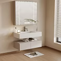 Modern Wall Mounted White Bathroom Vanity With Mirror Blinds And Wooden Floor