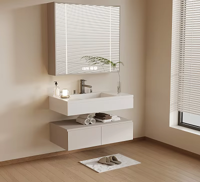 Modern Wall Mounted White Bathroom Vanity With Mirror Blinds And Wooden Floor 3d model