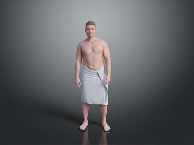 Shirtless Man Standing Wrapped in Gray Towel Against Gray Background Barefoot 3d model