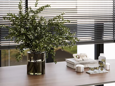 Black Vase with Green Foliage on Wooden Table Near Window Blinds and Decorative Items 3d model